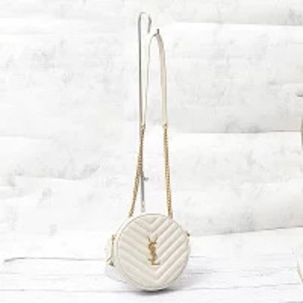 Saint Laurent Vinyl Round Chain Shoulder Bag White